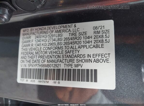 5FNYF7H98MB012921 2021 HONDA PASSPORT Серый Вид подкапотного пространства