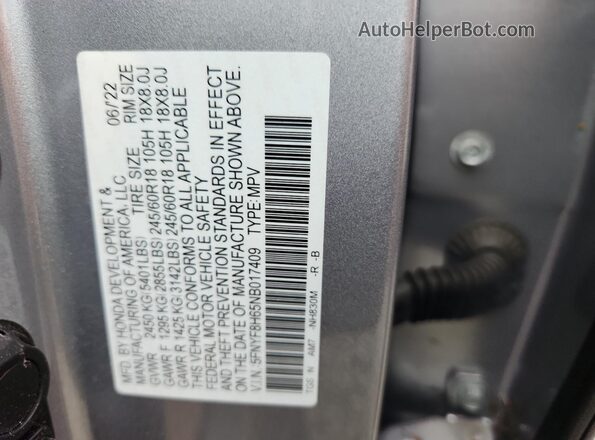 5FNYF8H65NB017409 2022 HONDA PASSPORT Серебряный 