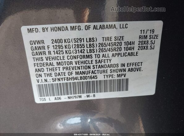 5FNYF8H94LB001645 2020 HONDA PASSPORT Серый Вид подкапотного пространства
