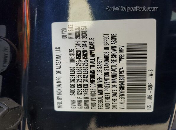 5FNYF8H94LB017974 2020 HONDA PASSPORT Blue Widok komory silnika
