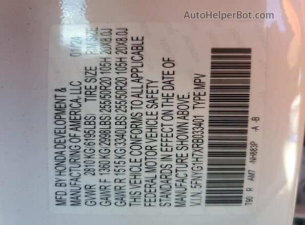 5FNYG1H7XRB033401 2024 HONDA PILOT White Вид наклейки з VIN-кодом
