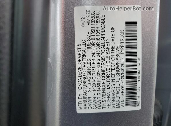 5FPYK3F12MB012650 2021 HONDA RIDGELINE Silver Vista del compartimento del motor
