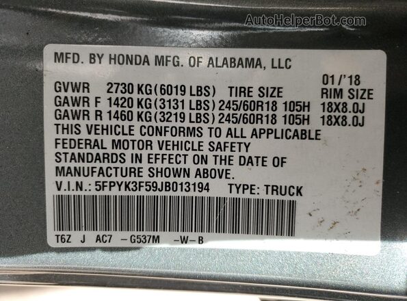 5FPYK3F59JB013194 2018 HONDA RIDGELINE Серый Вид подкапотного пространства