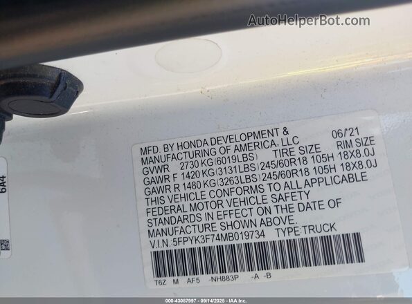 5FPYK3F74MB019734 2021 HONDA RIDGELINE White Widok komory silnika