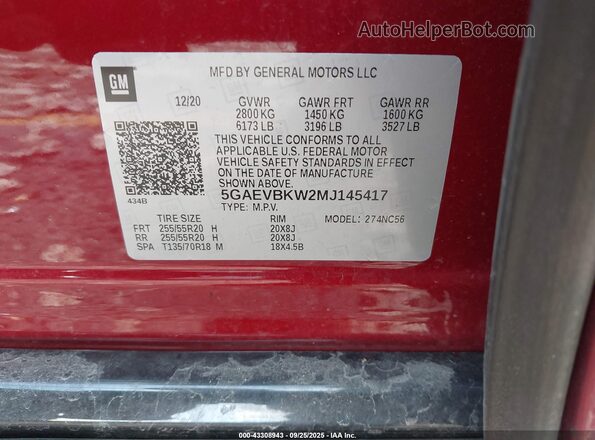 5GAEVBKW2MJ145417 2021 BUICK ENCLAVE Red Vista del compartimento del motor