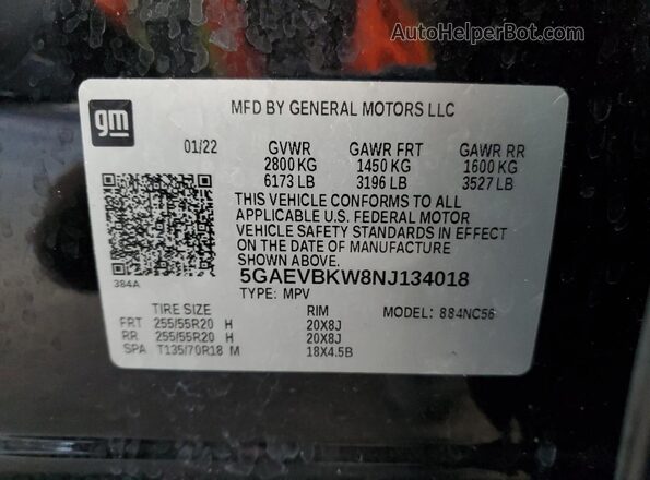 5GAEVBKW8NJ134018 2022 BUICK ENCLAVE Черный Вид наклейки с VIN-кодом