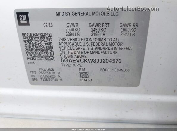 5GAEVCKW8JJ204570 2018 BUICK ENCLAVE White ძრავის განყოფილების ხედი