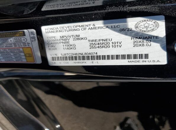 5J8TC2H82NL804074 2022 ACURA RDX Черный Вид наклейки с VIN-кодом