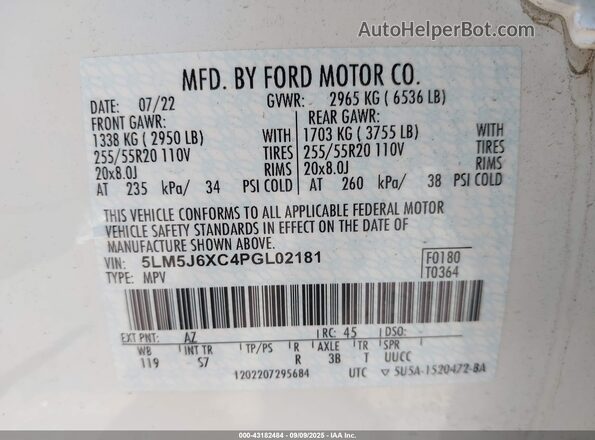 5LM5J6XC4PGL02181 2023 LINCOLN AVIATOR White Vista del compartimento del motor