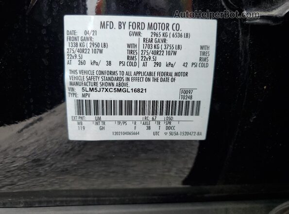 5LM5J7XC5MGL16821 2021 LINCOLN AVIATOR Черный Вид наклейки с VIN-кодом