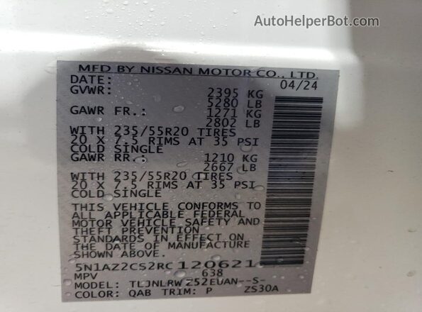 5N1AZ2CS2RC120621 2024 NISSAN MURANO White Widok naklejki z numerem VIN