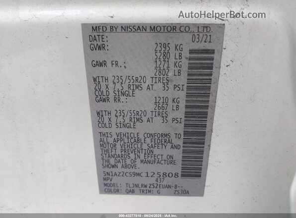 5N1AZ2CS9MC125808 2021 NISSAN MURANO Белый Вид подкапотного пространства