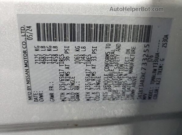 5N1BT3AB2RC733255 2024 NISSAN ROGUE Silver Widok naklejki z numerem VIN
