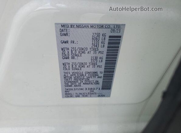 5N1DL1FS3RC338071 2024 INFINITI QX60 White Вид наклейки з VIN-кодом