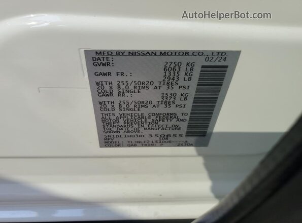 5N1DL1HU3RC350655 2024 INFINITI QX60 White Vista de la etiqueta del VIN