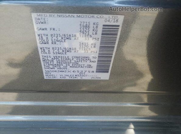 5N1DR2MM2JC652758 2018 NISSAN PATHFINDER Серый Вид наклейки с VIN-кодом