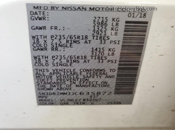 5N1DR2MM3JC635872 2018 NISSAN PATHFINDER Белый Панорамный вид салона 360°