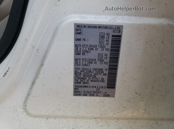 5N1DR2MM4JC641163 2018 NISSAN PATHFINDER Белый Панорамный вид салона 360°