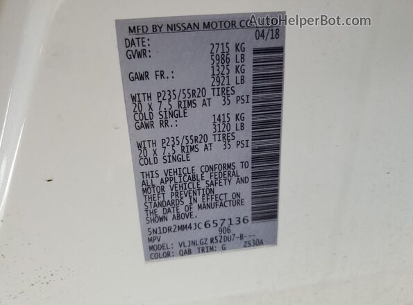 5N1DR2MM4JC657136 2018 NISSAN PATHFINDER White Widok naklejki z numerem VIN
