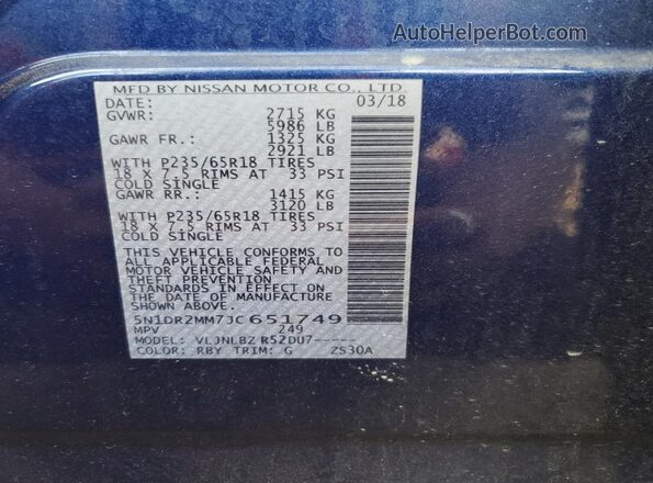 5N1DR2MM7JC651749 2018 NISSAN PATHFINDER Blue Widok naklejki z numerem VIN