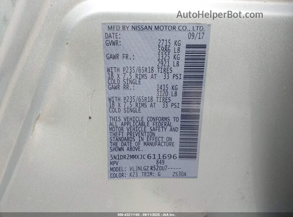 5N1DR2MMXJC611696 2018 NISSAN PATHFINDER Серебряный Вид подкапотного пространства