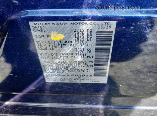 5N1DR2MMXJC662938 2018 NISSAN PATHFINDER Синий Вид наклейки с VIN-кодом