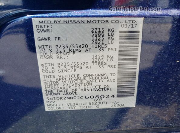 5N1DR2MN0JC608024 2018 NISSAN PATHFINDER Синий Вид наклейки с VIN-кодом