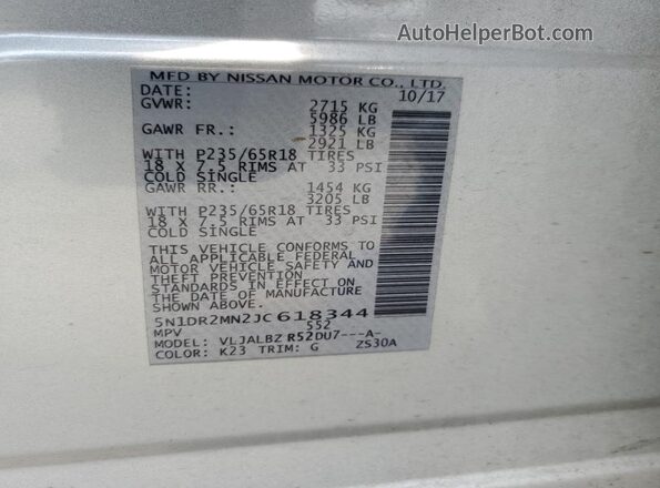 5N1DR2MN2JC618344 2018 NISSAN PATHFINDER Silver Widok naklejki z numerem VIN