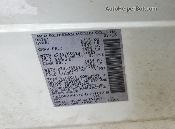 5N1DR2MN3JC674079 2018 NISSAN PATHFINDER Белый Вид наклейки с VIN-кодом