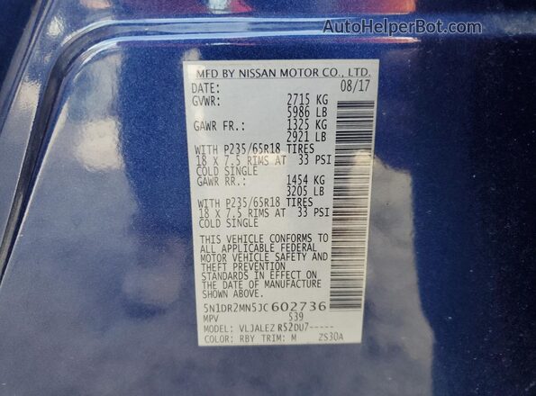 5N1DR2MN5JC602736 2018 NISSAN PATHFINDER Синий Вид наклейки с VIN-кодом