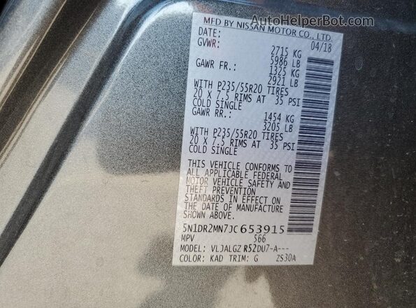 5N1DR2MN7JC653915 2018 NISSAN PATHFINDER Серый Вид наклейки с VIN-кодом