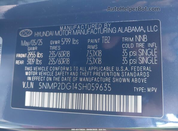 5NMP2DG14SH059635 2025 HYUNDAI SANTA FE HYBRID Синий Вид подкапотного пространства