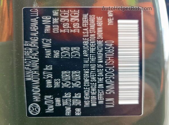 5NMP3DGL1SH106540 2025 HYUNDAI SANTA Зеленый Вид наклейки с VIN-кодом