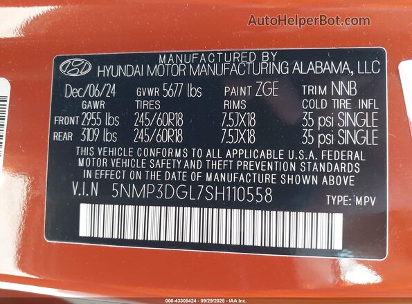5NMP3DGL7SH110558 2025 HYUNDAI SANTA FE Orange Vista del compartimento del motor