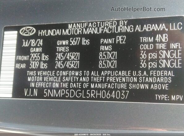 5NMP5DGL5RH064037 2024 HYUNDAI SANTA FE CALLIGRAPHY Gray Vista del compartimento del motor