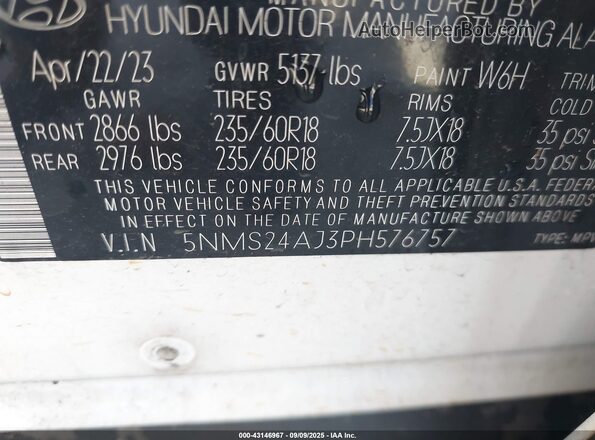 5NMS24AJ3PH576757 2023 HYUNDAI SANTA FE White Engine compartment view