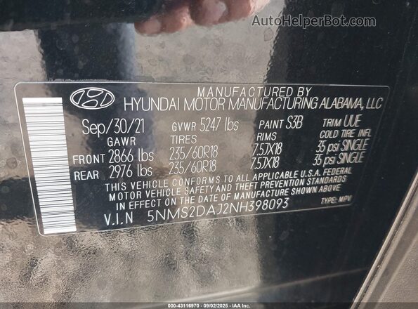 5NMS2DAJ2NH398093 2022 HYUNDAI SANTA FE Черный Вид подкапотного пространства
