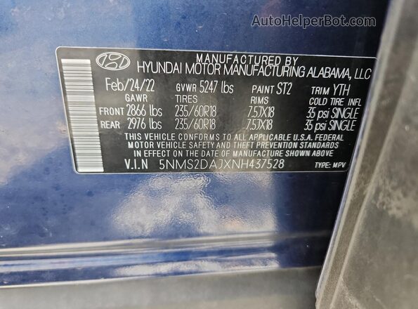 5NMS2DAJXNH437528 2022 HYUNDAI SANTA Blue Панорамний вид салону 360°