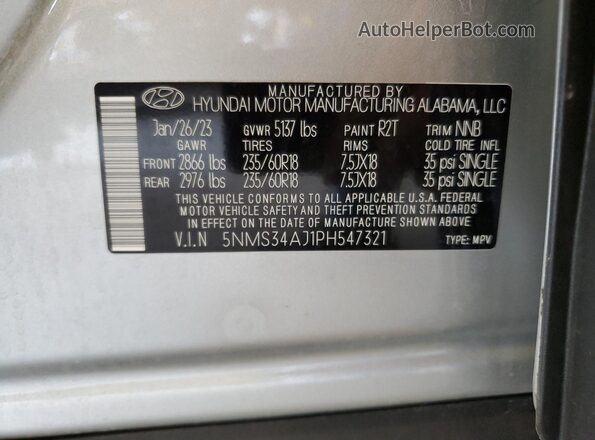 5NMS34AJ1PH547321 2023 HYUNDAI SANTA Silver VIN კოდის სტიკერის ხედი