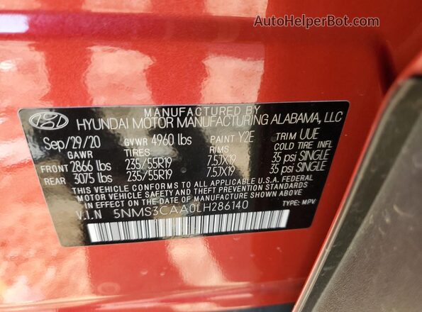 5NMS3CAA0LH286140 2020 HYUNDAI SANTA Red Widok wnętrza 360 stopni
