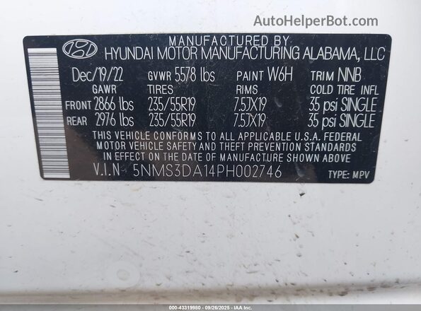5NMS3DA14PH002746 2023 HYUNDAI SANTA FE HYBRID Белый Вид подкапотного пространства