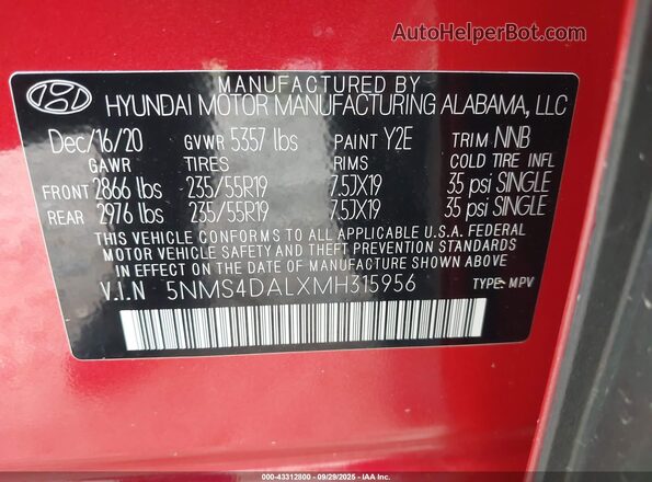 5NMS4DALXMH315956 2021 HYUNDAI SANTA FE Red Engine compartment view