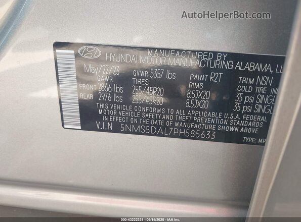 5NMS5DAL7PH585633 2023 HYUNDAI SANTA FE CALLIGRAPHY Silver Вид підкапотного простору