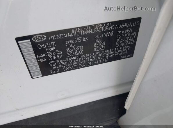 5NMS5DAL9NH401516 2022 HYUNDAI SANTA FE CALLIGRAPHY White ძრავის განყოფილების ხედი