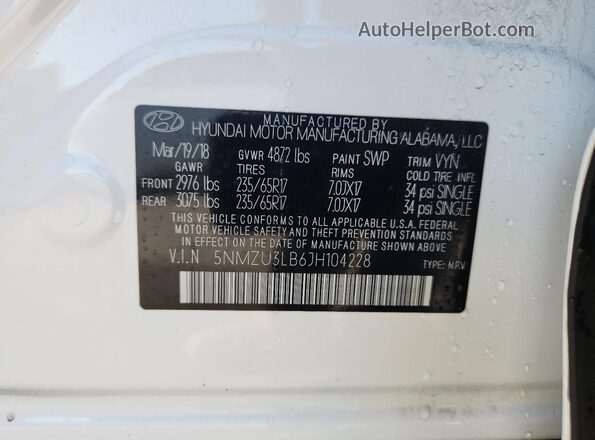 5NMZU3LB6JH104228 2018 HYUNDAI SANTA Белый Вид наклейки с VIN-кодом