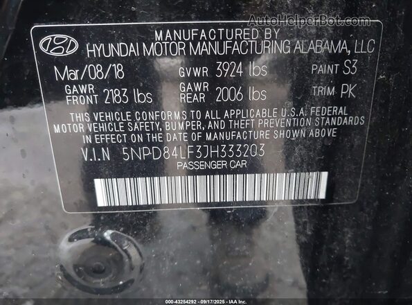 5NPD84LF3JH333203 2018 HYUNDAI ELANTRA Black Вид підкапотного простору