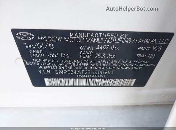 5NPE24AF2JH680983 2018 HYUNDAI SONATA White Вид підкапотного простору