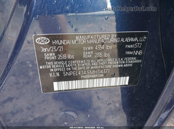 5NPEL4JA5MH114371 2021 HYUNDAI SONATA Blue Widok komory silnika