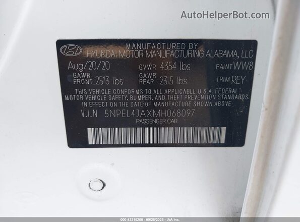 5NPEL4JAXMH068097 2021 HYUNDAI SONATA White Вид підкапотного простору