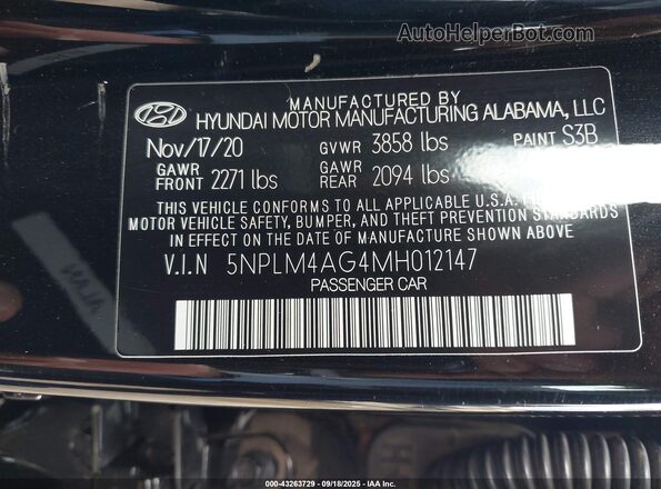 5NPLM4AG4MH012147 2021 HYUNDAI ELANTRA Black Вид підкапотного простору